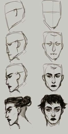 some sketches of people's heads with different angles and facial expressions, including the head