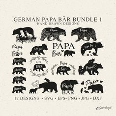 the german mama bear bundle is shown in black and white, with different designs on it