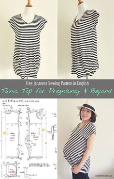 an image of a pregnant woman wearing a striped shirt and hat with text overlay that reads, free japanese sewing pattern in english