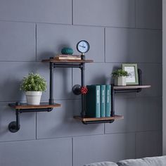 two shelves with books and plants on them against a gray wall in a living room