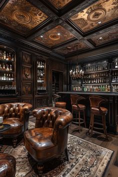 a fancy bar with leather chairs and stools