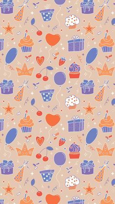 an image of a birthday pattern with balloons and gifts on it's side,