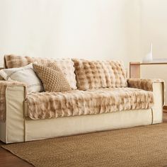 a living room with a couch and rug on the floor