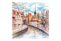 an old european city on the river with buildings and watercolor pencils, drawn by hand