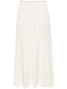 cream white cotton knitted construction ribbed waistband A-line skirt scallop hem below-knee length tulle lining Scallop Hem, Skirt White, Open Knit, Scalloped Hem, Cotton Skirt, Knit Cotton, White Skirts, A Line Skirt, Cream White