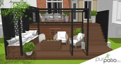 an outdoor living area with wooden decking and white chairs, potted plants, and patio furniture