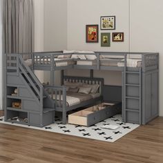 a loft bed with stairs and storage underneath it in a room that has hardwood floors