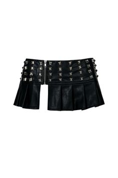 Fits true to size Micro skirt length Features silver oversized studs A staple layering piece Rock Style Party Bottoms With Belt Loops, Punk Style Bottoms With Rivets For Night Out, Rock Style Skirt For Night Out, Two Belts Outfit, Edgy Skirt With Belt Loops For Fall, Aesthetically Background, Black Y2k Skirt, Layered Belts, Goth Mini Skirt