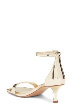 An angular square toe and kitten heel frame a sleek leather sandal secured by an adjustable strap at the ankle. 2" heel Leather upper/synthetic lining and sole Imported Egyptian Gold, Kitten Heel Sandals, Heel Sandal, Kitten Heel, Sandal Women, Vince Camuto, Leather Sandals, Kitten Heels, Sandals Heels