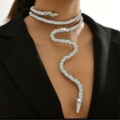 Nwt Snake Rhinestone Collar Necklace Adjustable Snake Jewelry Decor Color: White Rhinestone Measurement: See Pics Matching Ring Available In Closet For Purchase Kalung Choker, Goddess Jewelry, Rhinestone Choker Necklace, Snake Jewelry, Snake Necklace, Punk Jewelry, Rhinestone Choker, Neck Jewellery, Estilo Punk