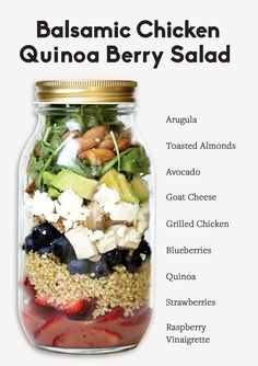 a mason jar filled with salad ingredients and labeled balsamic chicken, quinoa berry salad