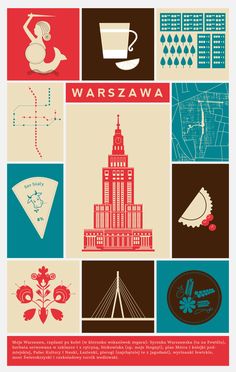 a poster with different types of buildings and symbols in the shape of squares on it