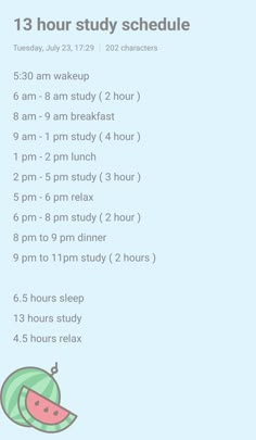 an image of a poster with the words 13 hour study schedule on it and a watermelon