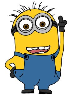 a cartoon minion wearing overalls and holding his hand up in the air with both hands