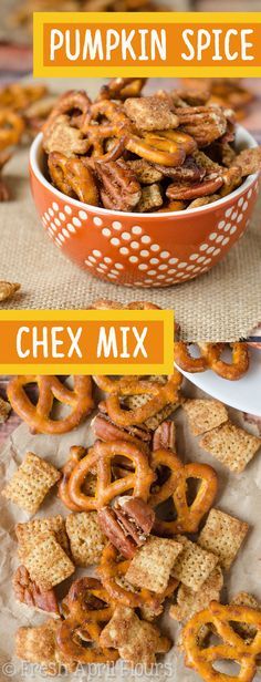 homemade pumpkin spice chex mix in a bowl with pretzels on the side