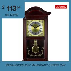 an advertisement for a mahogany cherry clock with gold accents