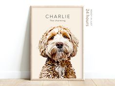 a brown dog is sitting in front of a white wall and has the words charlie on it