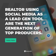 a person holding an iphone with the caption realtor using social media as a lead gen tool are the next generation of top products