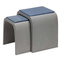 two grey and blue stools sitting next to each other