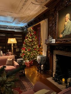 a living room with a christmas tree in the corner