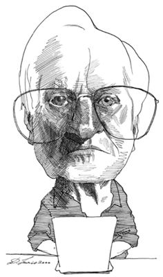 an ink drawing of a man with glasses and a cup in front of his face