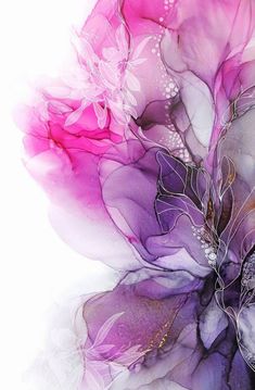 an abstract painting with pink and purple flowers