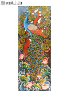 an ornate painting with peacocks and flowers on it