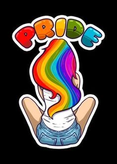 a sticker that says pride with a rainbow colored hair and the word pride on it