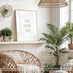 a living room with wicker furniture and plants