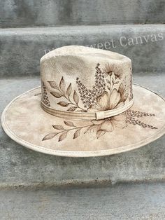 Botanical Crown Burned Hat Beige Suede Hat Flst Top Cowboy Hat Ladies Western Hat Wedding Hat Wide Brim Fedora Hippie Rancher Hat - Etsy Burned Hat Design Western, Burned Baseball Hat, Burned Hat Design, Embellished Cowboy Hat, Burnt Hats, Burned Hats, Cowboy Hat Design, Hat Burning, Custom Cowboy Hats