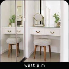 a mirror and stool in a room