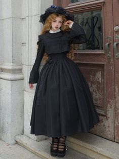 This dress is a stunning piece that embodies the elegance and charm of classic Lolita fashion. The intricate rosette embroidery and scalloped edges add a touch of romance and sophistication to this underbust jumper skirt. The black color gives it a versatile and timeless appeal, making it a perfect addition to any Lolita wardrobe. Whether you're attending a tea party or a special event, this jumper skirt is sure to make you stand out with its exquisite design and attention to detail.  This price Rosette Embroidery, Steampunk Fashion Male, Gothic Skirts, Classic Lolita, Jumper Skirt, Clothes Shopping, Outfits With Hats, Scalloped Edges, Steampunk Fashion