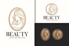 a woman's face with long hair in a round frame logo for beauty salon