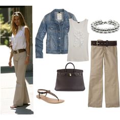 a woman in white shirt and tan pants with handbag next to shoes, bracelets and purse