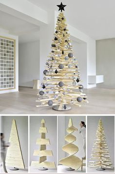 a christmas tree made out of wooden strips