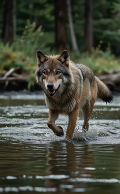 a wolf running across a river in the woods