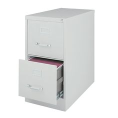 two file cabinets with one drawer open and the other closed