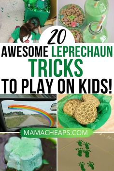 there are many different things to play on the floor in this collage with text overlay that reads 20 awesome leprechaun tricks to play on kids