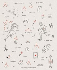 an illustrated drawing of various sports related items