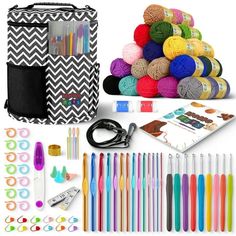 the crochet kit includes yarn, scissors, markers, and knitting needless