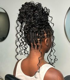 Messy Upswept Knotless Braids Updo Single Braids Updo Hairstyles, Messy Bun With Braids Black Women, Braids Hairstyles For Black Women Updo, Updo Braid Hairstyles For Black Women, High Bun Braid Hairstyles, Updos For Knotless Braids, Bridesmaid Hairstyles Updo Black Women, Goddess Braids Messy Bun, Updo For Braids Black Women