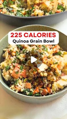 two bowls filled with food sitting on top of a white table next to each other