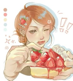 a drawing of a girl holding a piece of cake and strawberries in her hand