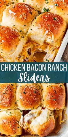 chicken bacon ranch sliders in a white casserole dish with text overlay