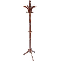 a wooden coat stand with three coats on it's legs and two umbrellas hanging from the top