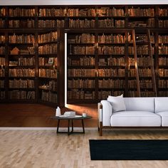 a living room filled with lots of bookshelves next to a white couch and coffee table