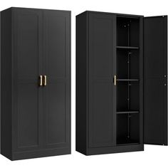 two black cupboards with brass handles and one closed, the other closed on both sides