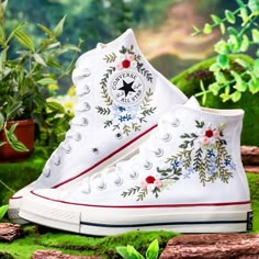 ad eBay - Wedding Converse High Tops Custom, Bridal Flower Embroidery Shoes,Wedding Flower - Buy Now, click the link (eBay) Embroidered Heels Wedding Shoes, White Converse With Flowers, Embroider Converse, Embroidered Converse Low Top, Chuck Taylors Wedding, Wedding Converse Bride, Embroidered Converse High Tops, Floral Embroidery Shoes, Embroidered Shoes Converse