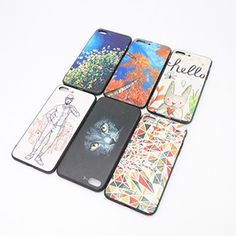 six cell phones with designs on them sitting next to each other in different colors and sizes