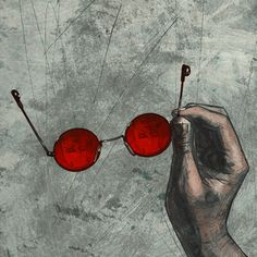 a drawing of a hand holding two red glasses with strings attached to them, against a gray background